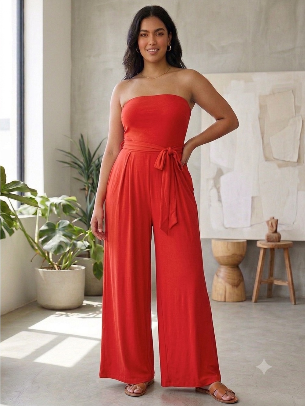 Cupio Strapless Red Wide-Leg Jumpsuit with Waist Tie